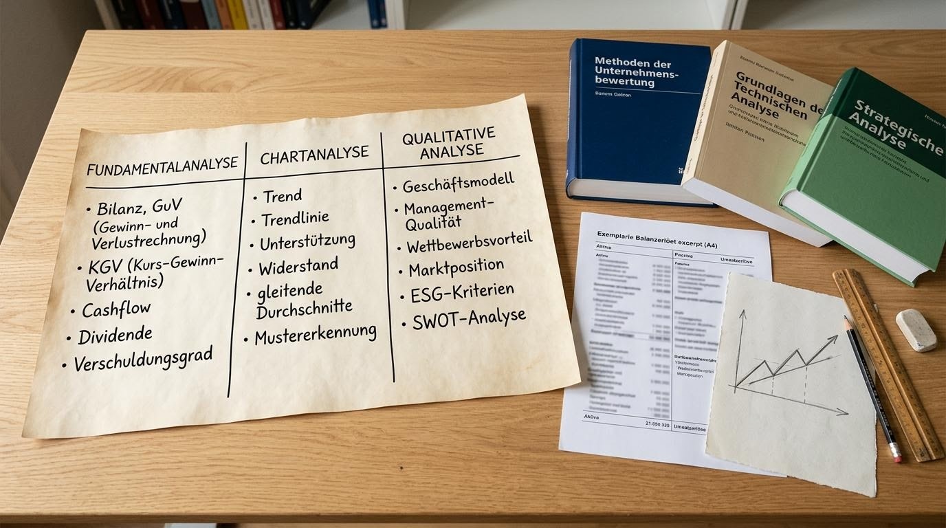 Vergleichstabelle für fundamentale und chartbasierte Aktienanalyse auf einem Redaktionstisch in Berlin