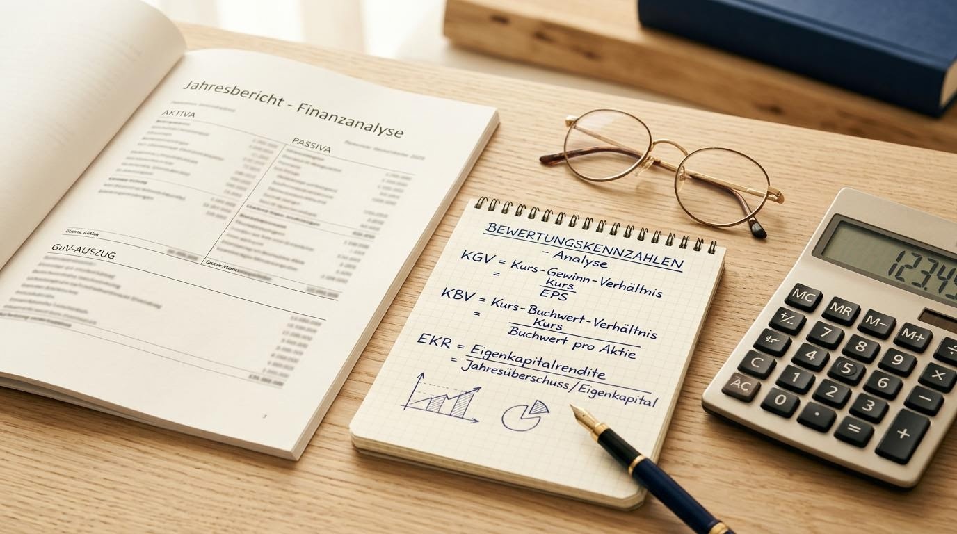 Tabelle mit deutschen Unternehmenskennzahlen wie KGV, KBV und Eigenkapitalquote auf einem Redaktionsbogen