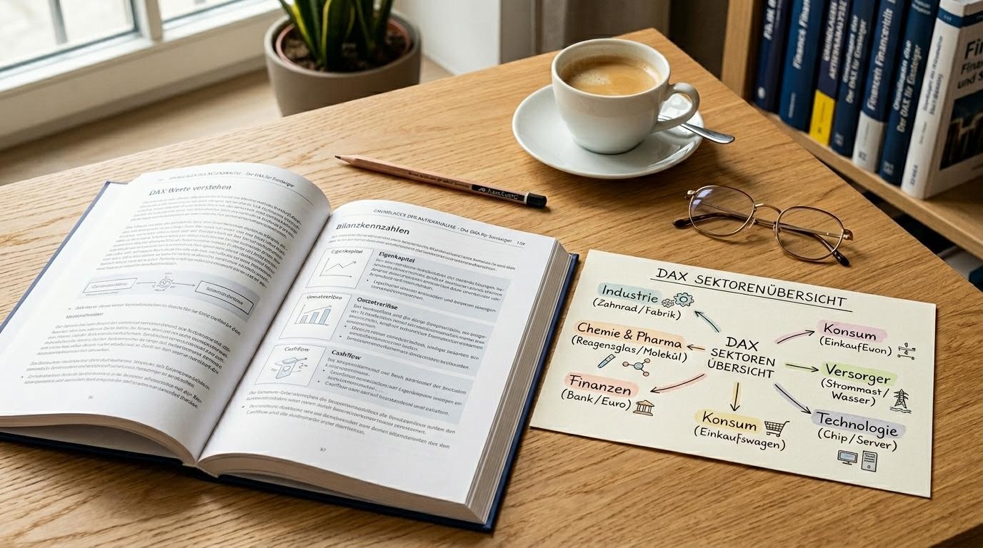 Schreibtisch mit DAX-Übersicht, Notizen zu Einzelwerten und einem aufgeschlagenen Lehrbuch zur Aktienkultur