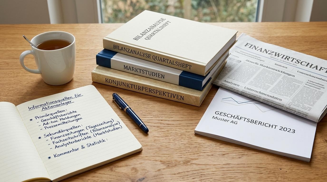 Stapel deutschsprachiger Wirtschaftspublikationen mit Lesemarkern auf einem Redaktionstisch