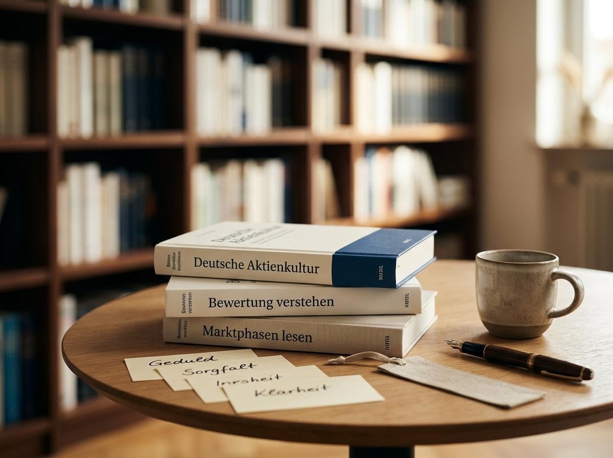 Aufgeräumter Lesezirkel-Tisch mit deutschsprachigen Wirtschaftsbüchern, Notizkarten und einer Kaffeetasse