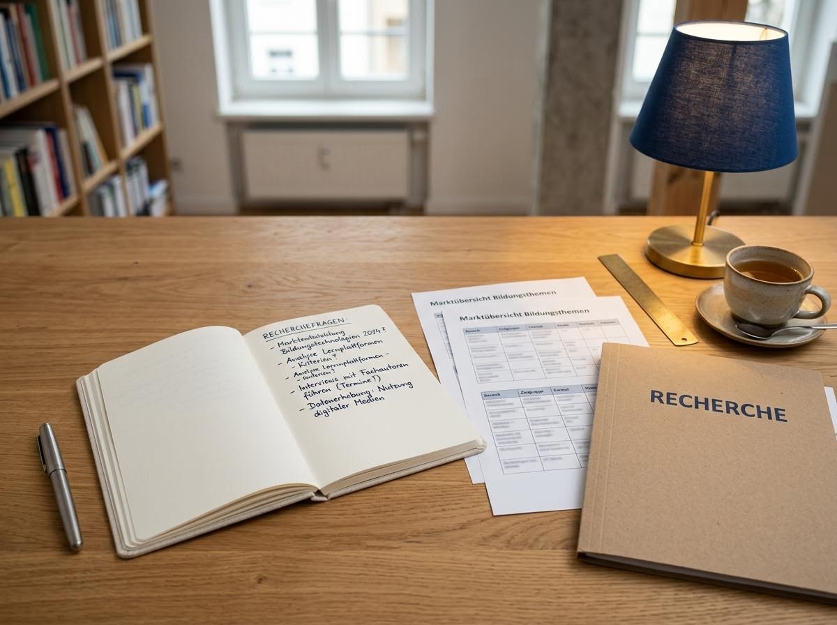 Redaktioneller Arbeitsplatz mit Notizbuch, Tageszeitung und gedruckten Marktcharts auf einem hellen Holztisch