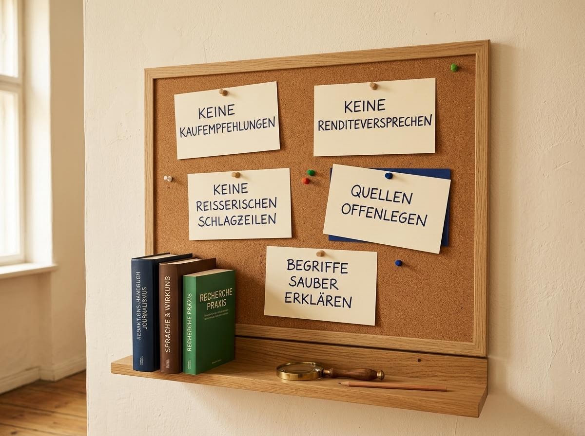 Übersichtliche Tafel mit redaktionellen Regeln, Listenpunkten und einer Lupe vor einem Holzregal