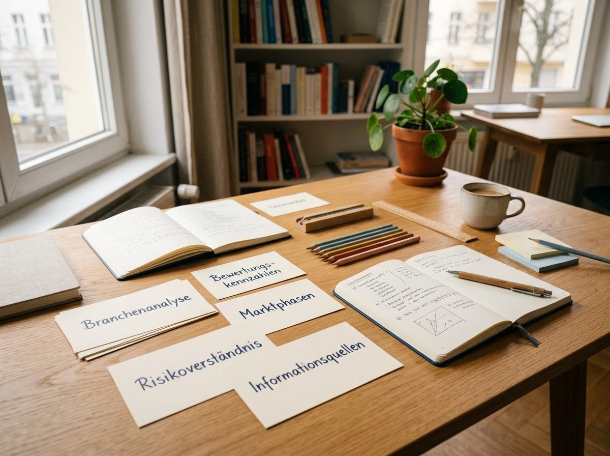 Aufgeschlagene Notizbücher mit Recherchekarten zu Branchenanalyse, Bewertung und Marktphasen, in einem hellen Berliner Büro