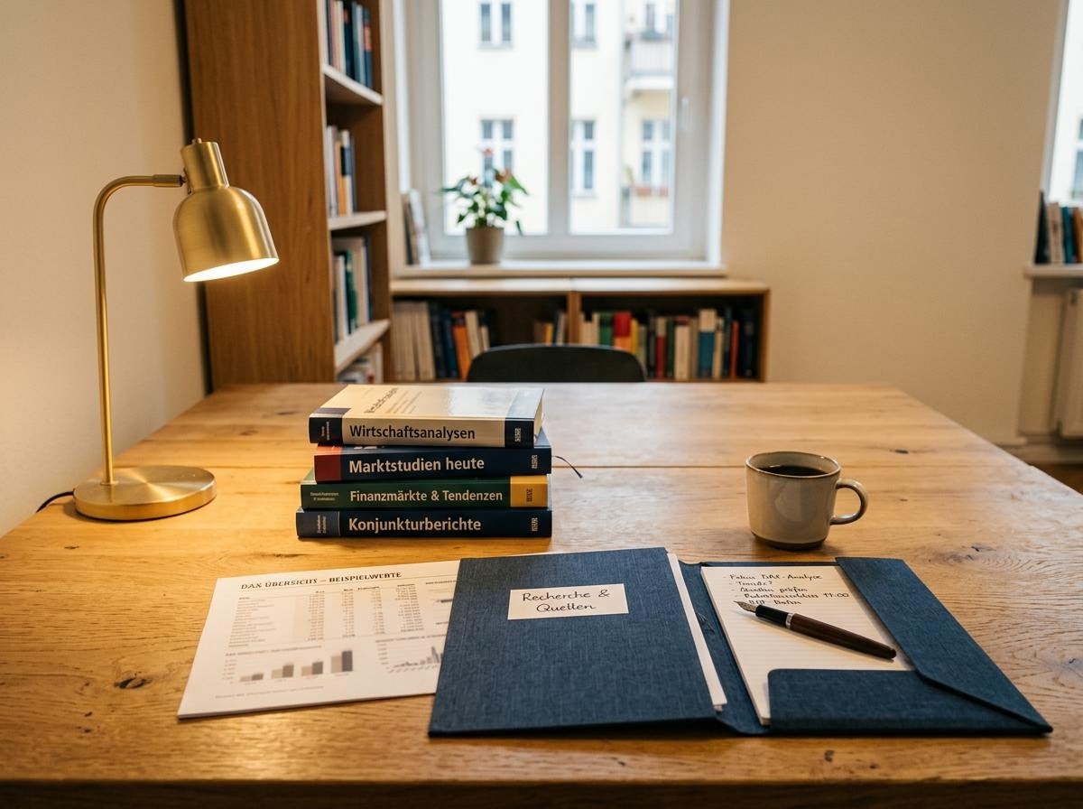 Schreibtisch der Redaktion mit deutschsprachigen Wirtschaftsbüchern, gedruckten DAX-Übersichten und einer Notizmappe zur Aktienkultur